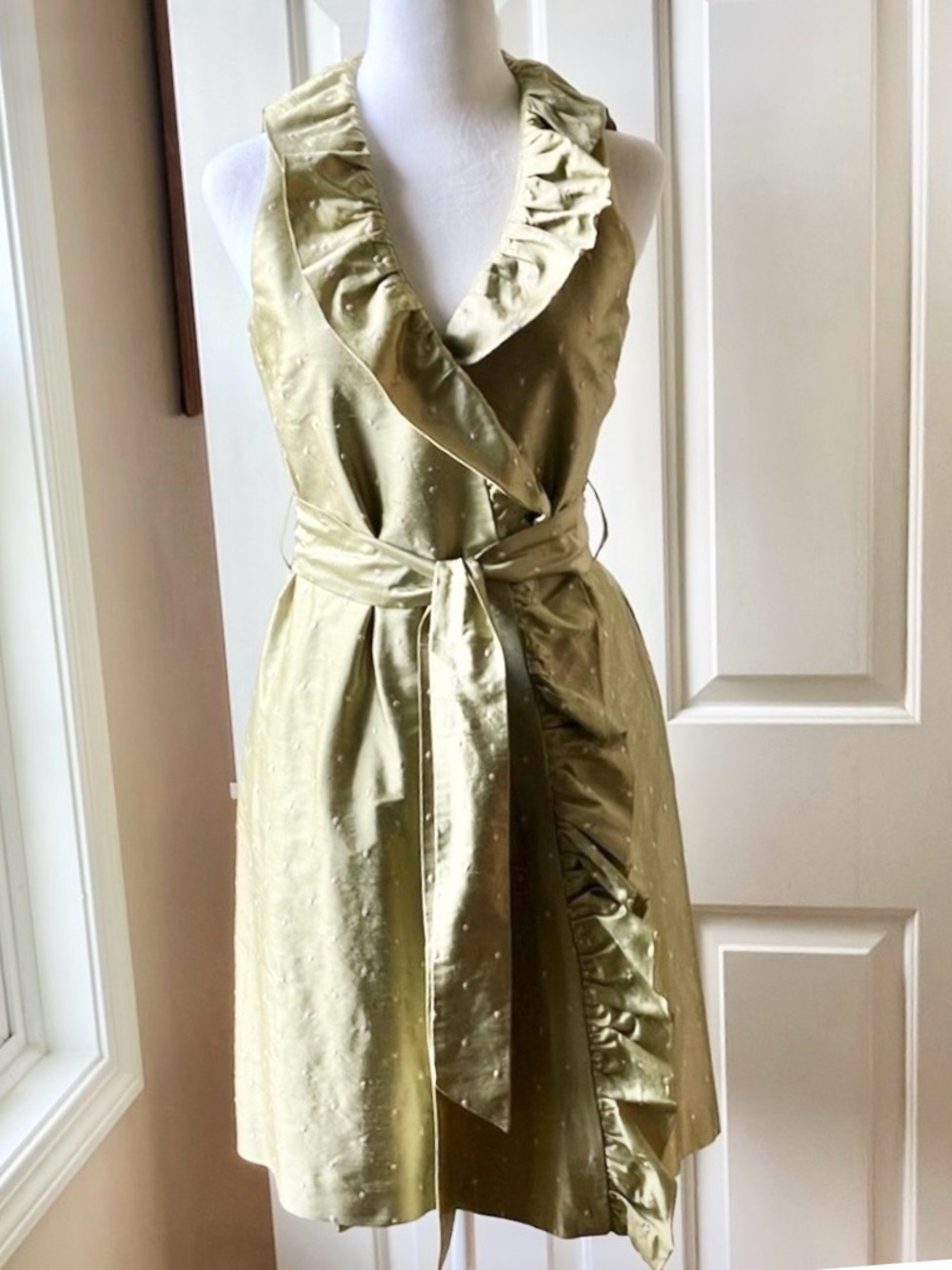 Sara Campbell Silk Crossover  Wrap Dress Embroidered Celery Green Size 2